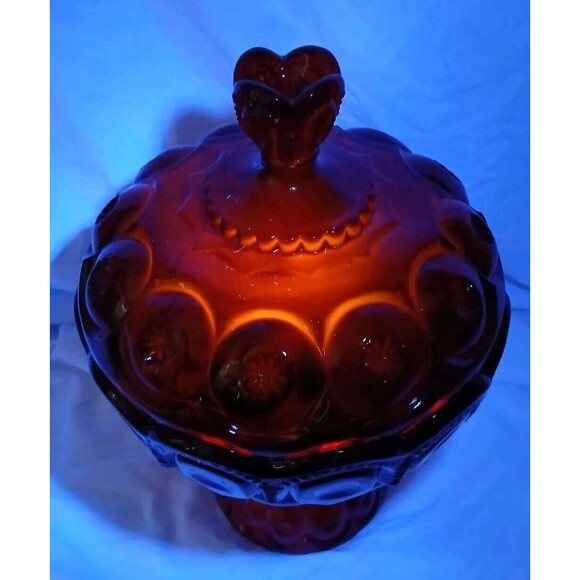 12" L.E. Smith Ruby Red Moon & Star Footed Candy Dish w/ Lid UV GLOW - Picture 7 of 8